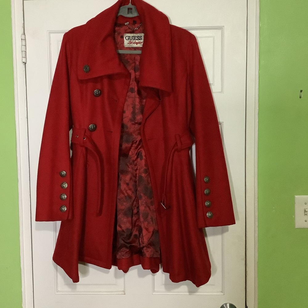 Guess Red Double Breasted Pea Coat